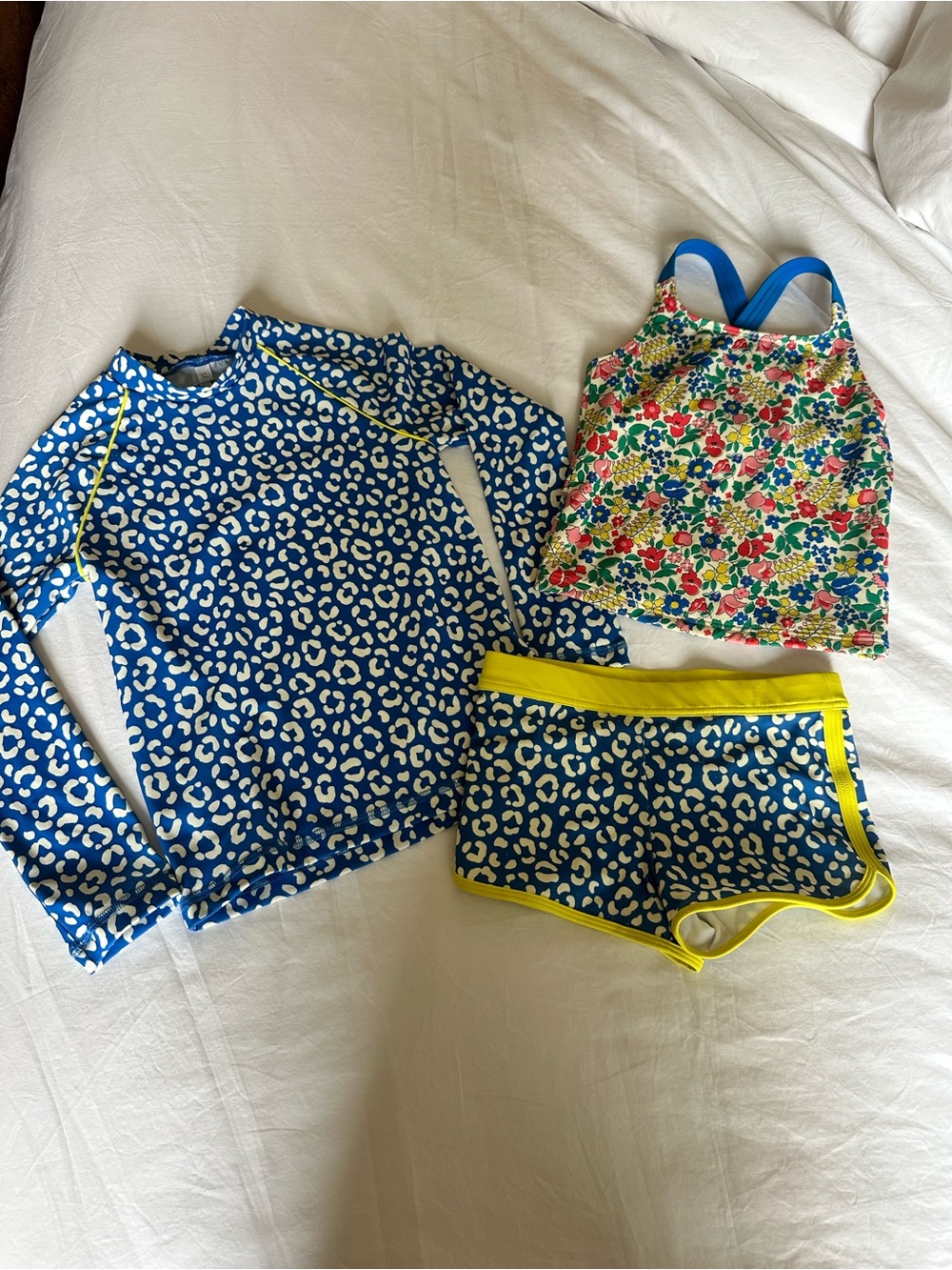 Mini Boden Blue Leopard Rash Guard Set with Yellow Trim and Floral Tankini